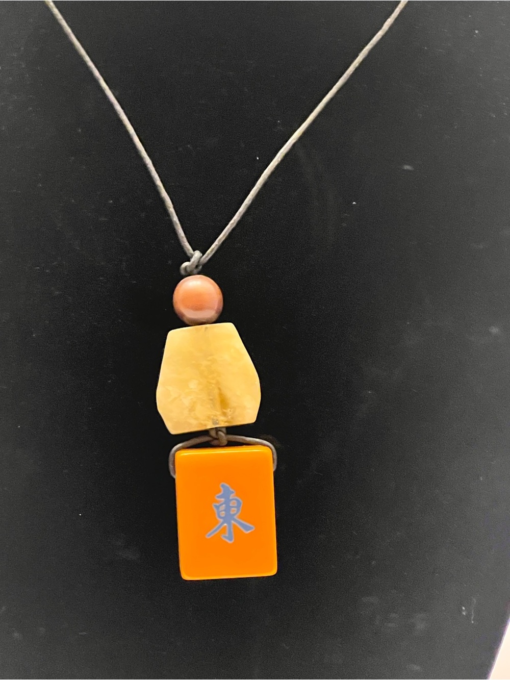 Orange Statement Tile Pendant Necklace with Carved Accent New Jade Stone